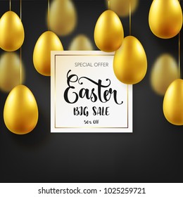 Easter golden egg with calligraphic lettering. Traditional spring holidays in April or March. Sunday. Eggs and gold. Big sale
