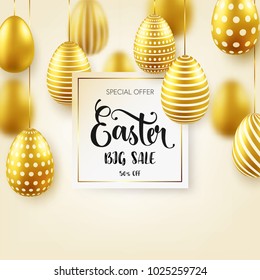 Easter golden egg with calligraphic lettering. Traditional spring holidays in April or March. Sunday. Eggs and gold. Big sale