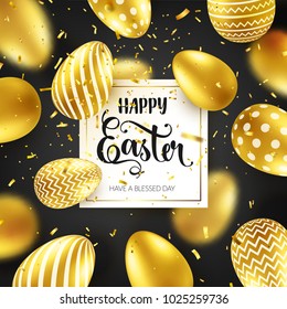 Easter golden egg with calligraphic lettering, confetti and ribbon. Traditional spring holidays in April or March. Sunday. Eggs and gold. Big sale