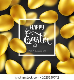 Easter golden egg with calligraphic lettering. Traditional spring holidays in April or March. Sunday. Eggs and gold. Big sale