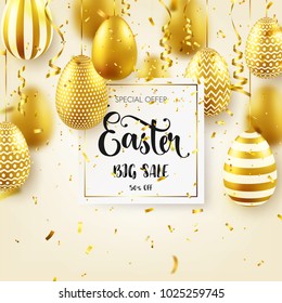 Easter golden egg with calligraphic lettering, confetti and ribbon. Traditional spring holidays in April or March. Sunday. Eggs and gold. Big sale