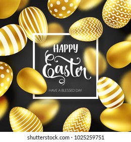 Easter golden egg with calligraphic lettering. Traditional spring holidays in April or March. Sunday. Eggs and gold. Big sale