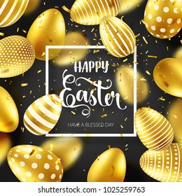 Easter golden egg with calligraphic lettering, confetti and ribbon. Traditional spring holidays in April or March. Sunday. Eggs and gold. Big sale