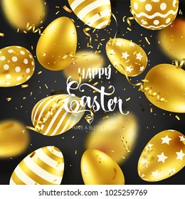Easter golden egg with calligraphic lettering, confetti and ribbon. Traditional spring holidays in April or March. Sunday. Eggs and gold. Big sale