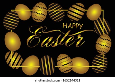 Easter golden egg with calligraphic lettering, confetti and ribbon. Traditional spring holidays in April or March. Sunday. 