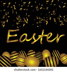 Easter golden egg with calligraphic lettering, confetti and ribbon. Traditional spring holidays in April or March. Sunday. 