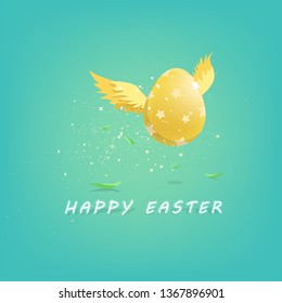 Easter golden egg flying in springtime, greeting card, leaves falling on the floor, invitation poster background vector