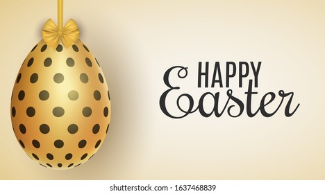Easter golden egg hanging on a bow with a pattern of black dots. Greeting card. Vector illustration. EPS 10