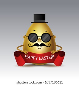 Easter golden egg, with a hat and glasses. Happy easter. Vector.