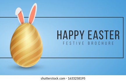 Easter golden egg with a pattern and rabbit ears on a blue background. Black frame with text. Holiday template for your design. Vector illustration. EPS 10