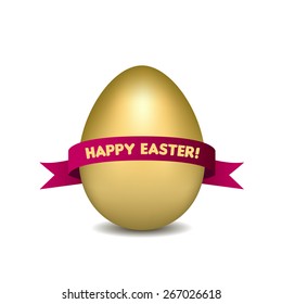 Easter golden egg with red ribbon isolated on white background. Vector illustration