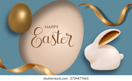 Easter Golden Egg With Ribbon and Cute Bunny Minimal Greeting Card Illustration on Soft Blue Background for Holiday Design