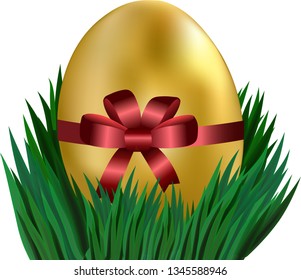 Easter golden egg, tied with a red bow, in a green juicy grass. White background. Illustration for Easter. Vector.