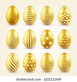 Easter golden egg. Traditional spring holidays in April or March. Sunday. Eggs and gold.Big set