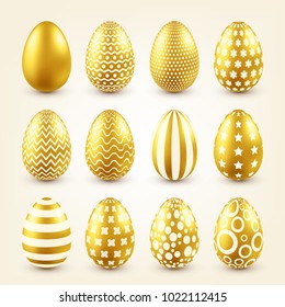 Easter golden egg. Traditional spring holidays in April or March. Sunday. Eggs and gold.Big set