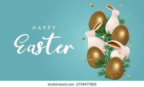 Easter Golden Eggs With 3D White Bunnies and Greenery Greeting Card Illustration for Spring Holiday Celebration Background