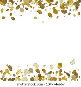 Easter golden eggs background. 3d gold eggs confetti. Vector illustration