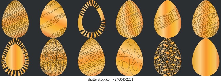 Easter golden eggs with  decor pattern set, concept of wealth, success, money, gold, rich and happy Easter holiday