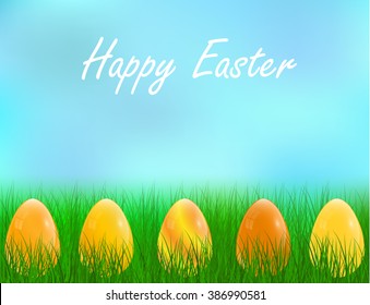 Easter Golden eggs in the green grass. Blue sky. Happy Easter. Vector illustration.