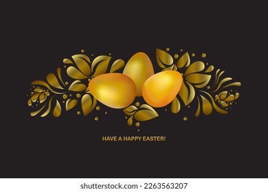 Goldene Ostereier und goldene Blattverzierungen. Vektorgrafik.
