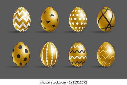 Easter golden eggs set. Luxury eggs with different black and white ornament. Spring holiday. Realistic vector illustration. For greeting card, promotion, poster, flyer, web banner, social media.