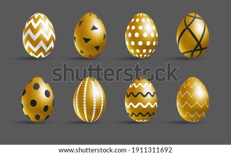 Easter golden eggs set. Luxury eggs with different black and white ornament. Spring holiday. Realistic vector illustration. For greeting card, promotion, poster, flyer, web banner, social media.