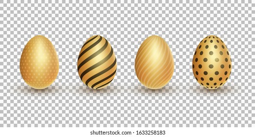 Easter golden glossy 3d eggs with a pattern on a transparent background. Holiday elements for your project. Vector illustration. EPS 10