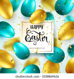 Easter golden, green egg with calligraphic lettering, greetings. Confetti and ribbon.Traditional spring holidays in April or March. Sunday. Eggs and gold.