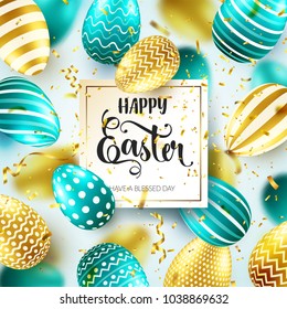 Easter golden, green egg with calligraphic lettering, greetings. Confetti and ribbon.Traditional spring holidays in April or March. Sunday. Eggs and gold.
