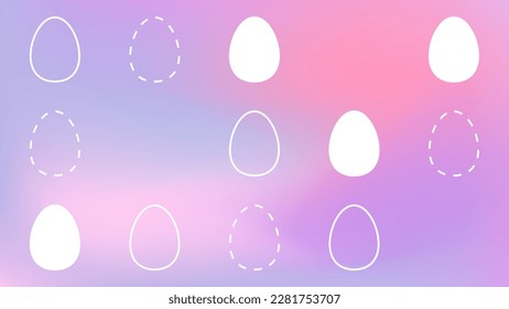 Easter gradient banner. Happy Easter Colorful background. Pastel pink, lilac smooth spots with white eggs. Egg hunt game symbol. Spring holiday decoration, bright poster. Vector gentle illustration