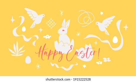 Ostergrafie mit gebrochenem Ei, Kaninchen, Tauben und abstrakten Elementen. Vektorbanner oder Headervorlage in Weiß- und Gelbtönen. Flache Frühlingsfiguren einzeln auf trendigem gelbem Hintergrund.