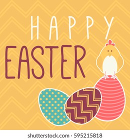 Easter grating card. Vector illustration with chick and eggs on the white background.