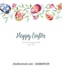 Easter great horizontal floral background with colored easter eggs growed at branch of tree