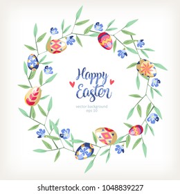 Easter great round floral background with colored easter eggs growed at branch of tree