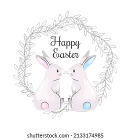 Easter great round floral background with bunnies in love. Happy Easter.