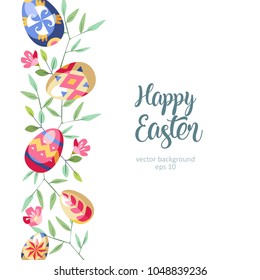 Easter great vertical floral background with colored easter eggs growed at branch of tree