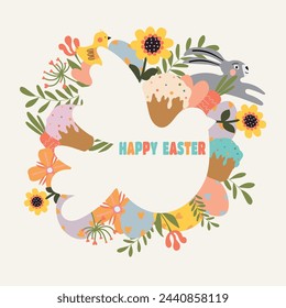 Easter greating card with bird silhouette. Vector isolated image on light beige background. Print for poster, textile, scrapbook