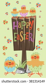 Easter Greating card decorated with chick and lettering on old wooden billboard  Happy Easter.
