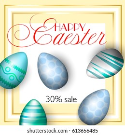 Easter greating cards, realistic Easter eggs on a bright background with blue peas, elements of gold. Caption: 30% sale. Vector illustration.