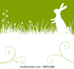 Easter green background, bunny or rabbit sitting in the meadow, vector illustration