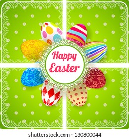 Easter green background card with 3D ornament eggs. Vector illustration