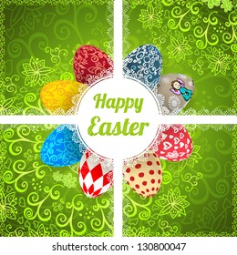 Easter green background card with 3D ornament eggs. Vector illustration