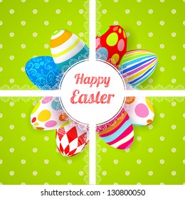 Easter green background card with 3D ornament eggs. Vector illustration
