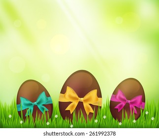Easter green  background with Chocolate eggs in grass  with copyspace. Vector illustration.