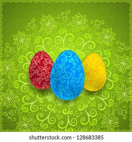 Easter green background with ornament eggs with place for your text. Vector illustration