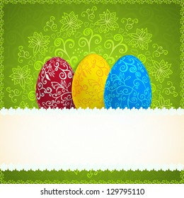 Easter green background with ornament eggs with place for your text. Vector illustration