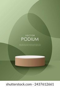 Easter green background podium with wooden elements for displaying products, advertising banners and posters. Podium for cosmetics, perfumes and jewelry.