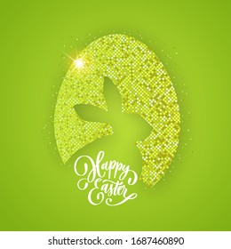 Easter green background with realistic egg, confetti, bunny silhouette and lettering.
