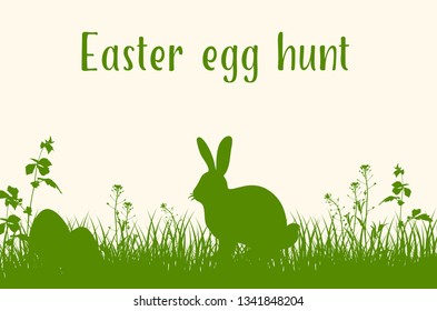 Easter green background with silhouettes of rabbit, grass and eggs. Easter egg hunt. Vector illustration