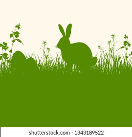 Easter green background with silhouettes of rabbit, grass and eggs. Easter egg hunt concept. Vector illustration